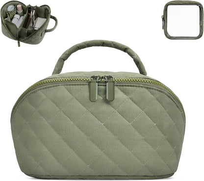 Makeup Bag,Quilted Puffer Cosmetic Bag for Women, 180° Lay-Flat Travel Make up Bag, Waterproof Large Capacity Toiletry Bag with Sturdy Zippers, Portable Makeup Organizer for Travel & Daily Use