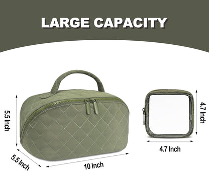Makeup Bag,Quilted Puffer Cosmetic Bag for Women, 180° Lay-Flat Travel Make up Bag, Waterproof Large Capacity Toiletry Bag with Sturdy Zippers, Portable Makeup Organizer for Travel & Daily Use