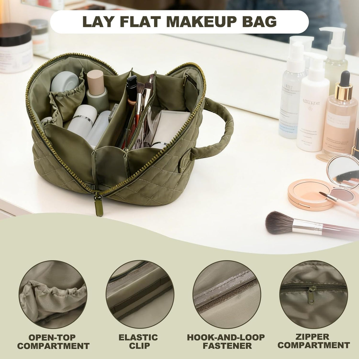 Makeup Bag,Quilted Puffer Cosmetic Bag for Women, 180° Lay-Flat Travel Make up Bag, Waterproof Large Capacity Toiletry Bag with Sturdy Zippers, Portable Makeup Organizer for Travel & Daily Use