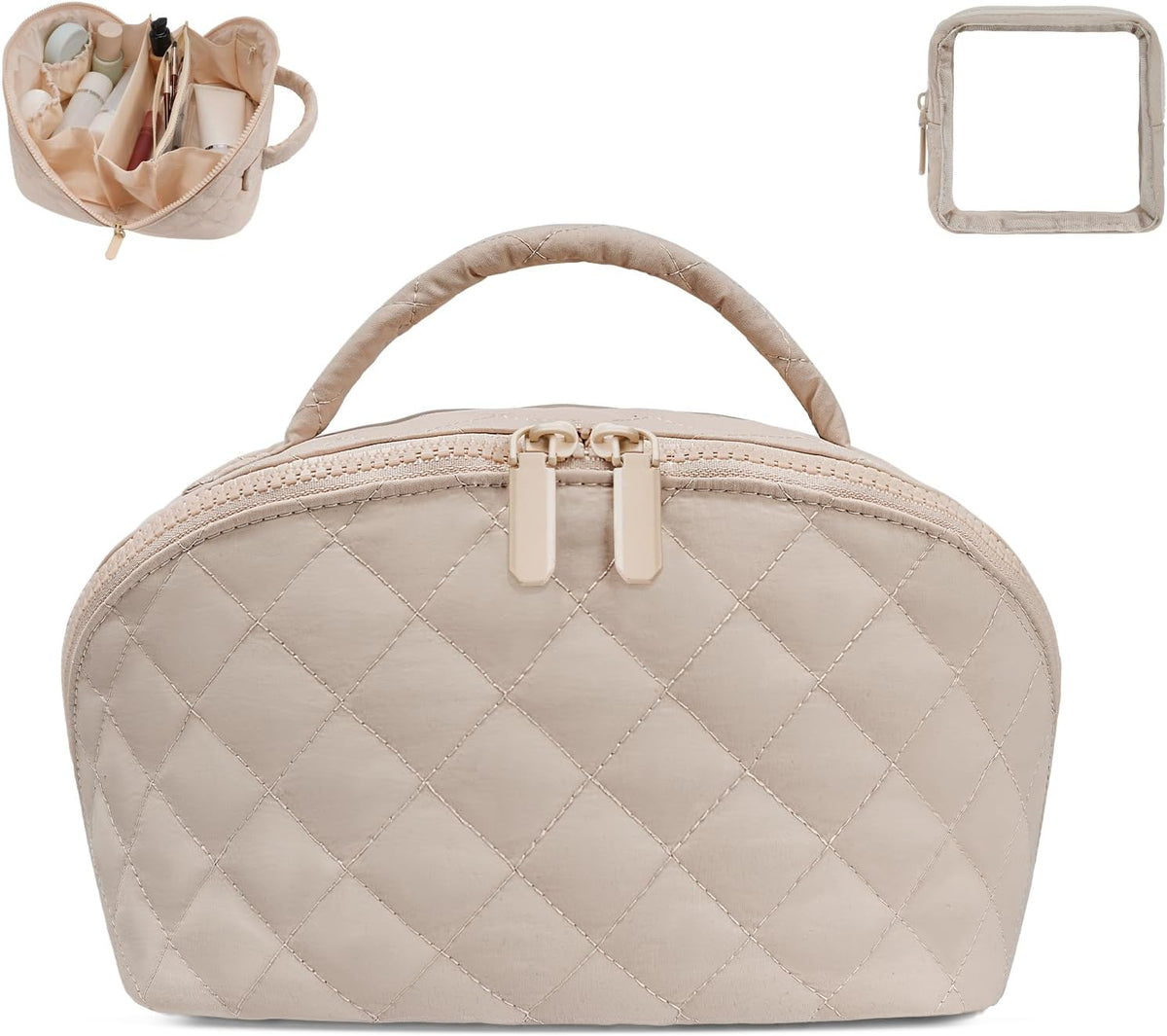 Makeup Bag,Quilted Puffer Cosmetic Bag for Women, 180° Lay-Flat Travel Make up Bag, Waterproof Large Capacity Toiletry Bag with Sturdy Zippers, Portable Makeup Organizer for Travel & Daily Use
