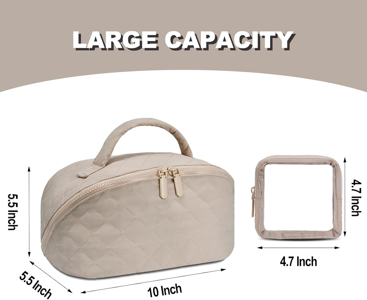 Makeup Bag,Quilted Puffer Cosmetic Bag for Women, 180° Lay-Flat Travel Make up Bag, Waterproof Large Capacity Toiletry Bag with Sturdy Zippers, Portable Makeup Organizer for Travel & Daily Use