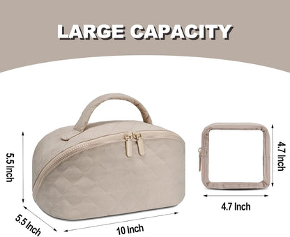 Makeup Bag,Quilted Puffer Cosmetic Bag for Women, 180° Lay-Flat Travel Make up Bag, Waterproof Large Capacity Toiletry Bag with Sturdy Zippers, Portable Makeup Organizer for Travel & Daily Use