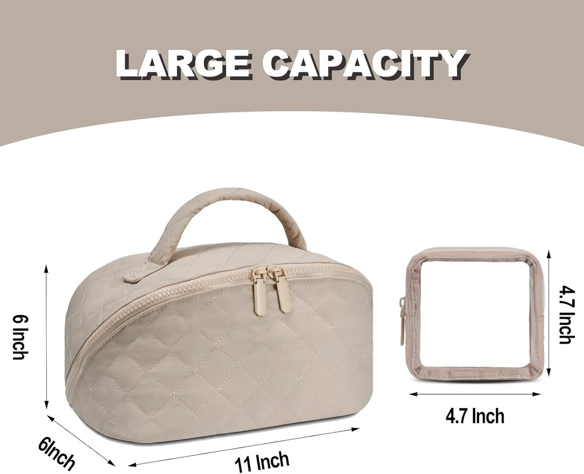 Makeup Bag,Quilted Puffer Cosmetic Bag for Women, 180° Lay-Flat Travel Make up Bag, Waterproof Large Capacity Toiletry Bag with Sturdy Zippers, Portable Makeup Organizer for Travel & Daily Use