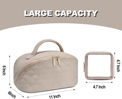 Makeup Bag,Quilted Puffer Cosmetic Bag for Women, 180° Lay-Flat Travel Make up Bag, Waterproof Large Capacity Toiletry Bag with Sturdy Zippers, Portable Makeup Organizer for Travel & Daily Use