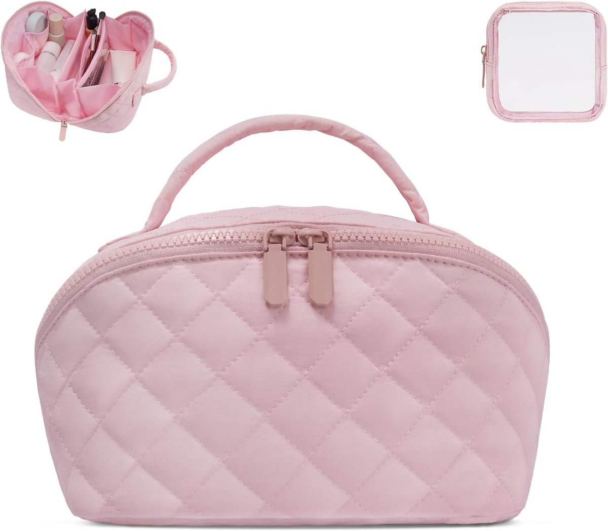 Makeup Bag,Quilted Puffer Cosmetic Bag for Women, 180° Lay-Flat Travel Make up Bag, Waterproof Large Capacity Toiletry Bag with Sturdy Zippers, Portable Makeup Organizer for Travel & Daily Use