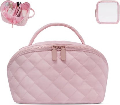 Makeup Bag,Quilted Puffer Cosmetic Bag for Women, 180° Lay-Flat Travel Make up Bag, Waterproof Large Capacity Toiletry Bag with Sturdy Zippers, Portable Makeup Organizer for Travel & Daily Use