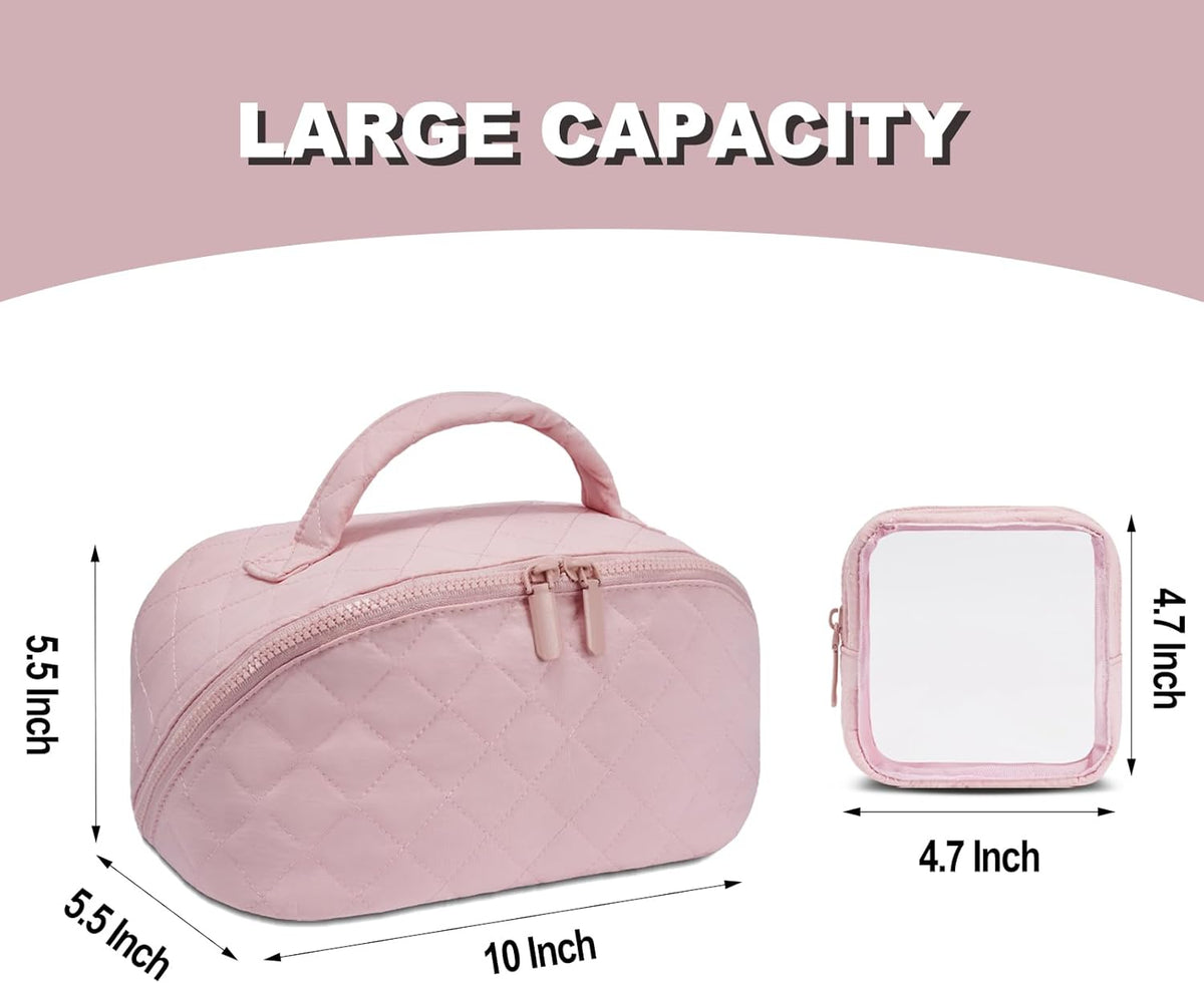 Makeup Bag,Quilted Puffer Cosmetic Bag for Women, 180° Lay-Flat Travel Make up Bag, Waterproof Large Capacity Toiletry Bag with Sturdy Zippers, Portable Makeup Organizer for Travel & Daily Use