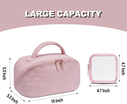 Makeup Bag,Quilted Puffer Cosmetic Bag for Women, 180° Lay-Flat Travel Make up Bag, Waterproof Large Capacity Toiletry Bag with Sturdy Zippers, Portable Makeup Organizer for Travel & Daily Use