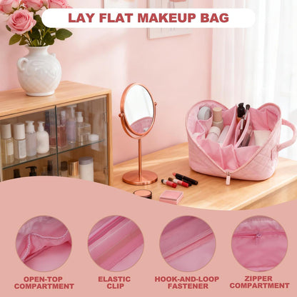 Makeup Bag,Quilted Puffer Cosmetic Bag for Women, 180° Lay-Flat Travel Make up Bag, Waterproof Large Capacity Toiletry Bag with Sturdy Zippers, Portable Makeup Organizer for Travel & Daily Use
