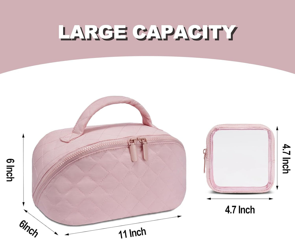 Makeup Bag,Quilted Puffer Cosmetic Bag for Women, 180° Lay-Flat Travel Make up Bag, Waterproof Large Capacity Toiletry Bag with Sturdy Zippers, Portable Makeup Organizer for Travel & Daily Use