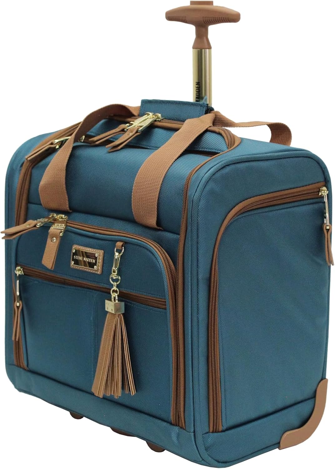 Designer 15 Inch Carry on Suitcase- Small Weekender Overnight Business Travel Luggage- Lightweight 2- Rolling Spinner Wheels Under Seat Bag for Women (Harlo Teal Blue)