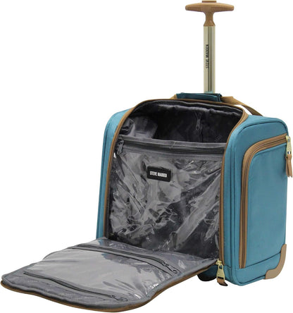 Designer 15 Inch Carry on Suitcase- Small Weekender Overnight Business Travel Luggage- Lightweight 2- Rolling Spinner Wheels Under Seat Bag for Women (Harlo Teal Blue)