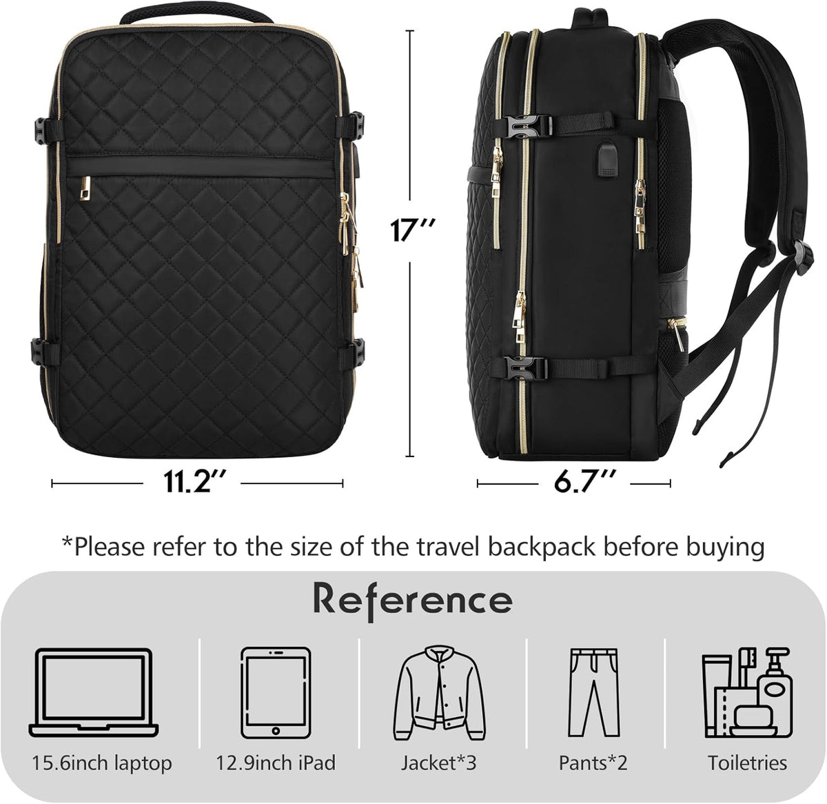 MOMUVO Large Travel Backpack Women, Flight Approved Carry On Backpack, Water Resistant Anti-Theft Casual Daypack School Bag Fit 17 Inch Laptop with USB Charging Port, Black