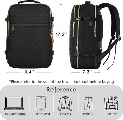 MOMUVO Large Travel Backpack Women, Flight Approved Carry On Backpack, Water Resistant Anti-Theft Casual Daypack School Bag Fit 17 Inch Laptop with USB Charging Port, Black