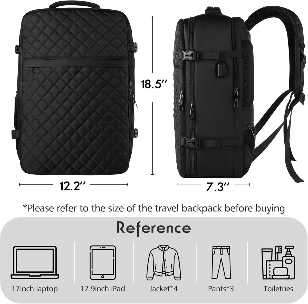 MOMUVO Large Travel Backpack Women, Flight Approved Carry On Backpack, Water Resistant Anti-Theft Casual Daypack School Bag Fit 17 Inch Laptop with USB Charging Port, Black