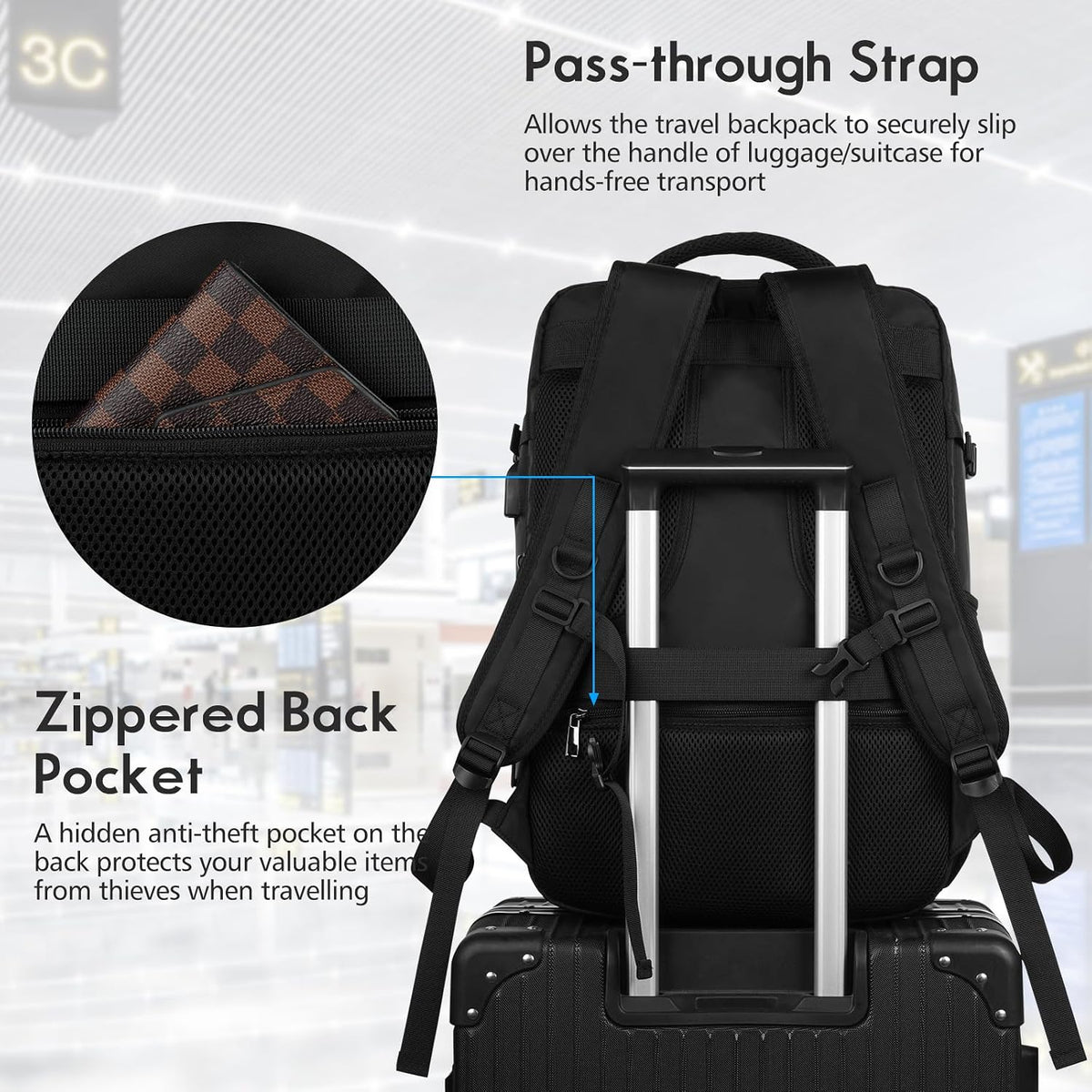 MOMUVO Large Travel Backpack Women, Flight Approved Carry On Backpack, Water Resistant Anti-Theft Casual Daypack School Bag Fit 17 Inch Laptop with USB Charging Port, Black
