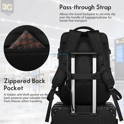 MOMUVO Large Travel Backpack Women, Flight Approved Carry On Backpack, Water Resistant Anti-Theft Casual Daypack School Bag Fit 17 Inch Laptop with USB Charging Port, Black
