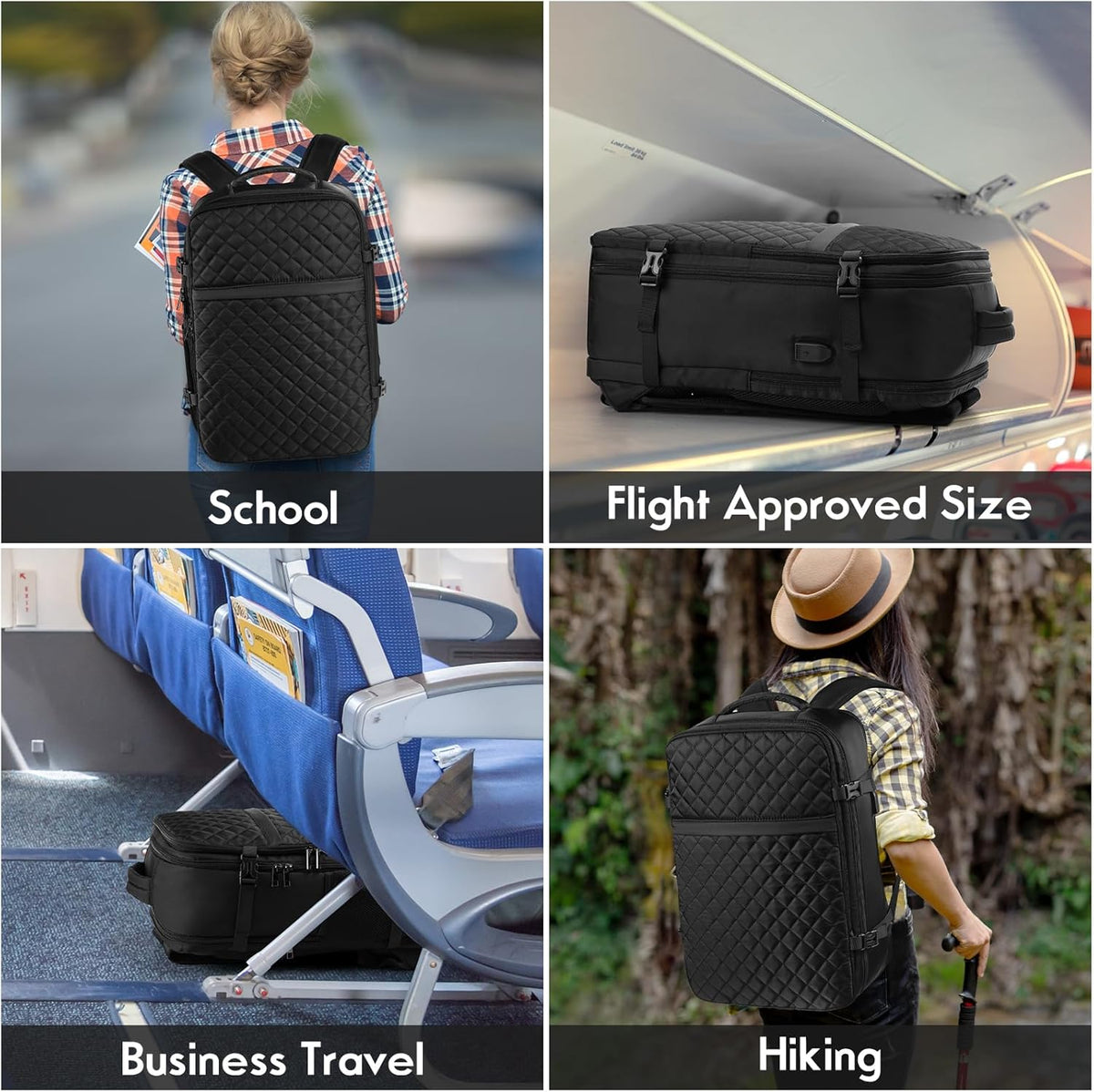 MOMUVO Large Travel Backpack Women, Flight Approved Carry On Backpack, Water Resistant Anti-Theft Casual Daypack School Bag Fit 17 Inch Laptop with USB Charging Port, Black