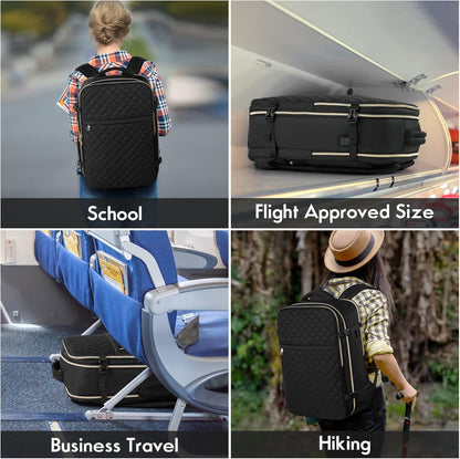 MOMUVO Large Travel Backpack Women, Flight Approved Carry On Backpack, Water Resistant Anti-Theft Casual Daypack School Bag Fit 17 Inch Laptop with USB Charging Port, Black