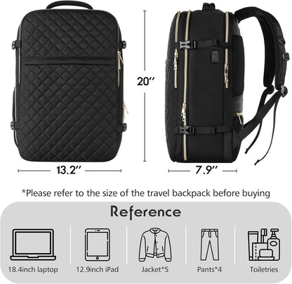 MOMUVO Large Travel Backpack Women, Flight Approved Carry On Backpack, Water Resistant Anti-Theft Casual Daypack School Bag Fit 17 Inch Laptop with USB Charging Port, Black