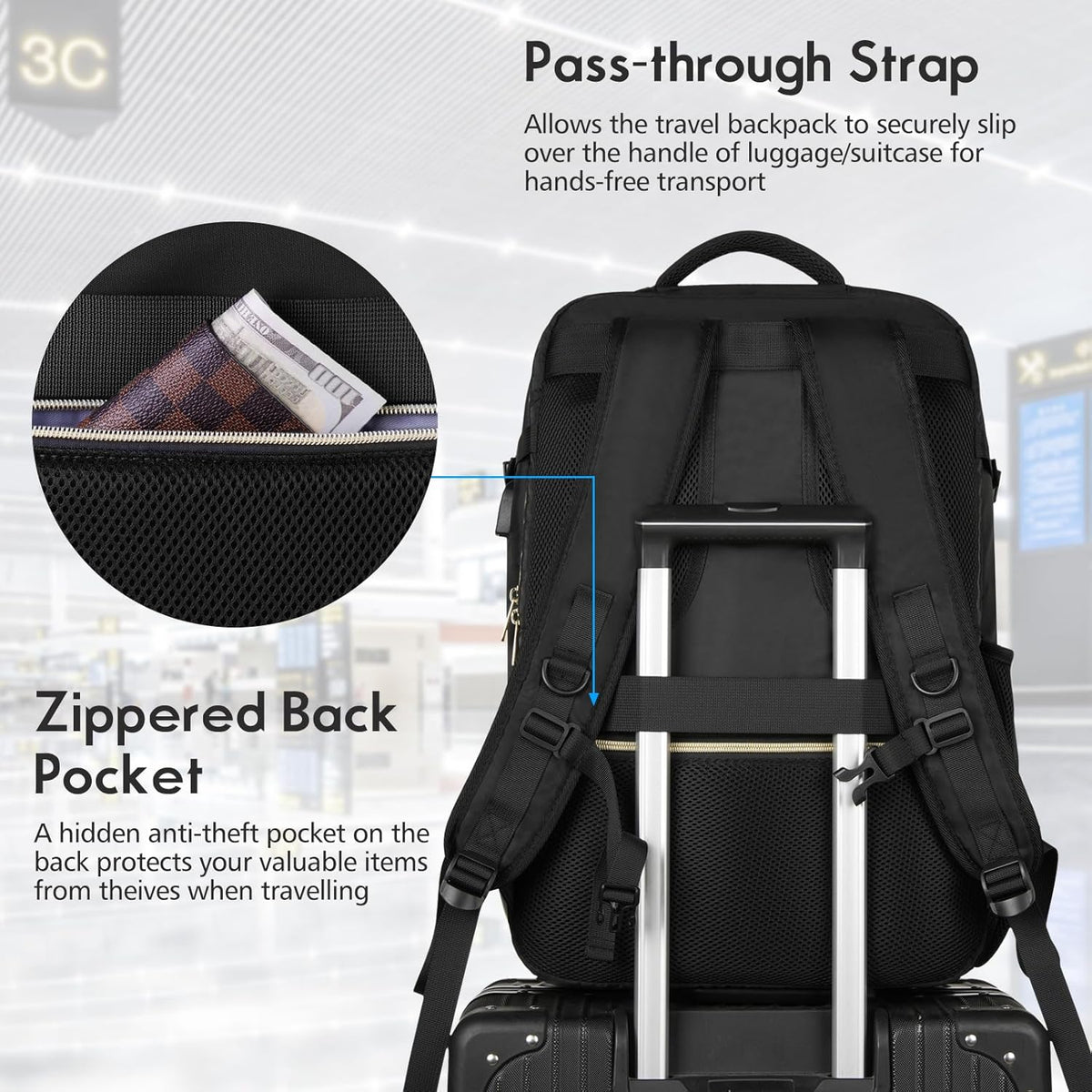 MOMUVO Large Travel Backpack Women, Flight Approved Carry On Backpack, Water Resistant Anti-Theft Casual Daypack School Bag Fit 17 Inch Laptop with USB Charging Port, Black