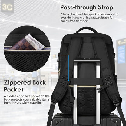 MOMUVO Large Travel Backpack Women, Flight Approved Carry On Backpack, Water Resistant Anti-Theft Casual Daypack School Bag Fit 17 Inch Laptop with USB Charging Port, Black