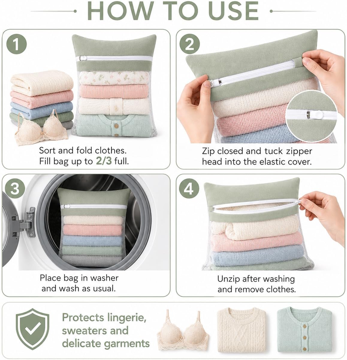 6-Piece Bag, Durable Cotton Mesh Laundry Bag, Sturdy Zipper, Breathable Mesh, Exquisite Laundry Bag for Underwear, Clothes, Pants, Shoes and Socks