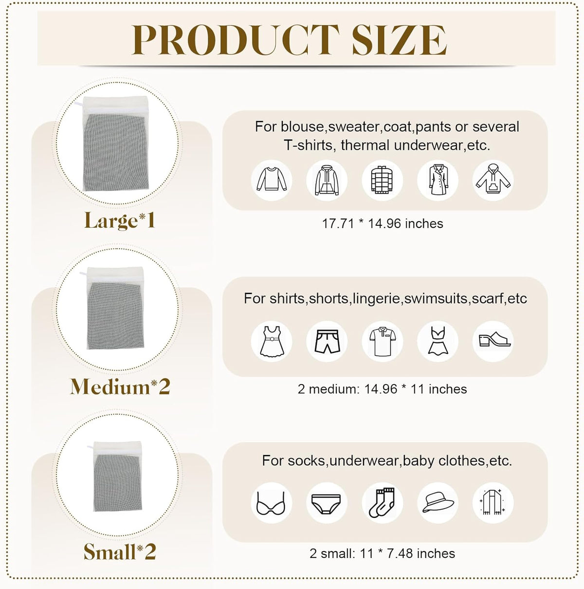 6-Piece Bag, Durable Cotton Mesh Laundry Bag, Sturdy Zipper, Breathable Mesh, Exquisite Laundry Bag for Underwear, Clothes, Pants, Shoes and Socks