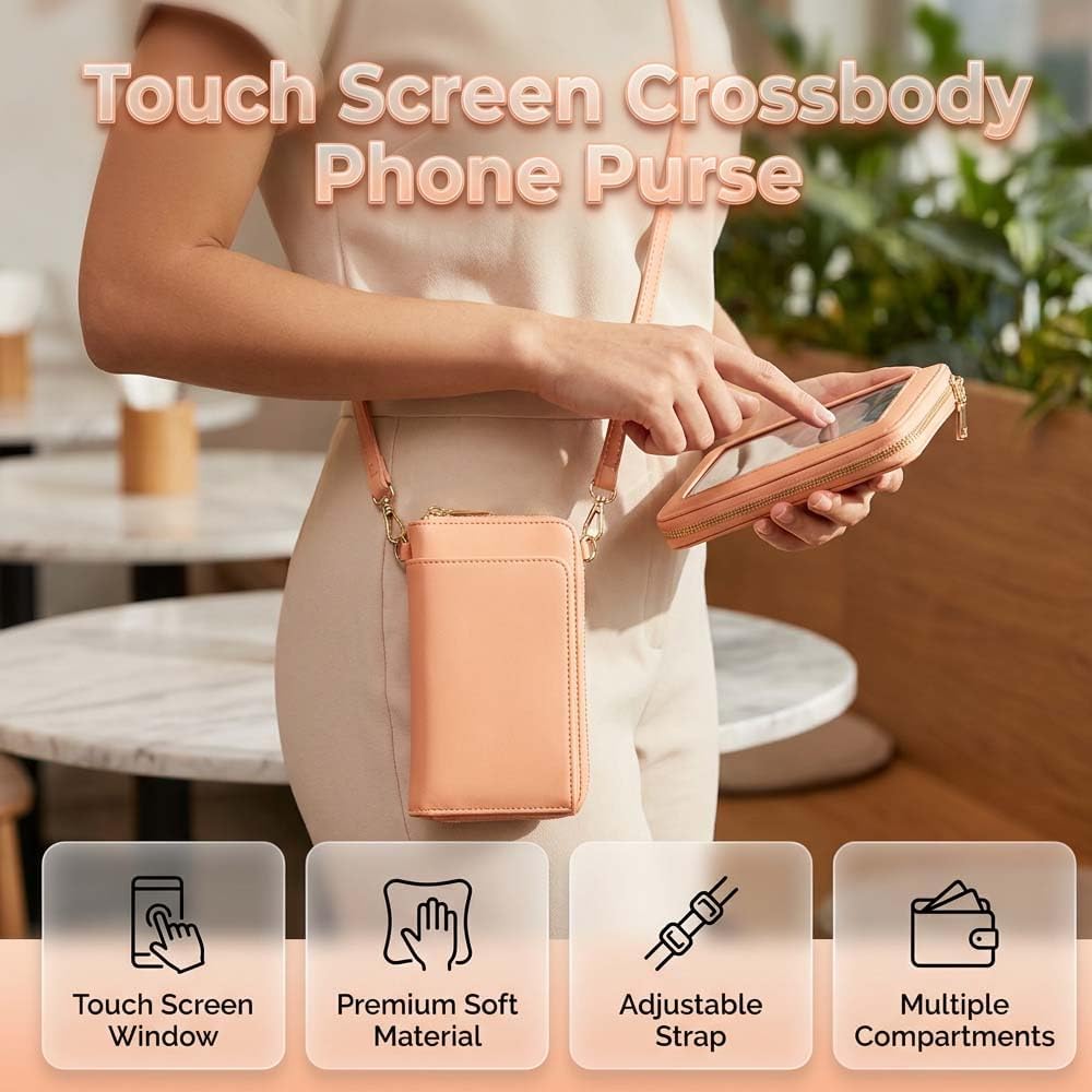 Touchscreen Phone Crossbody Bags for Women, Anti Theft Leather Bag, PU Leather Messenger Bag, RFID Blocking Phone Wallet