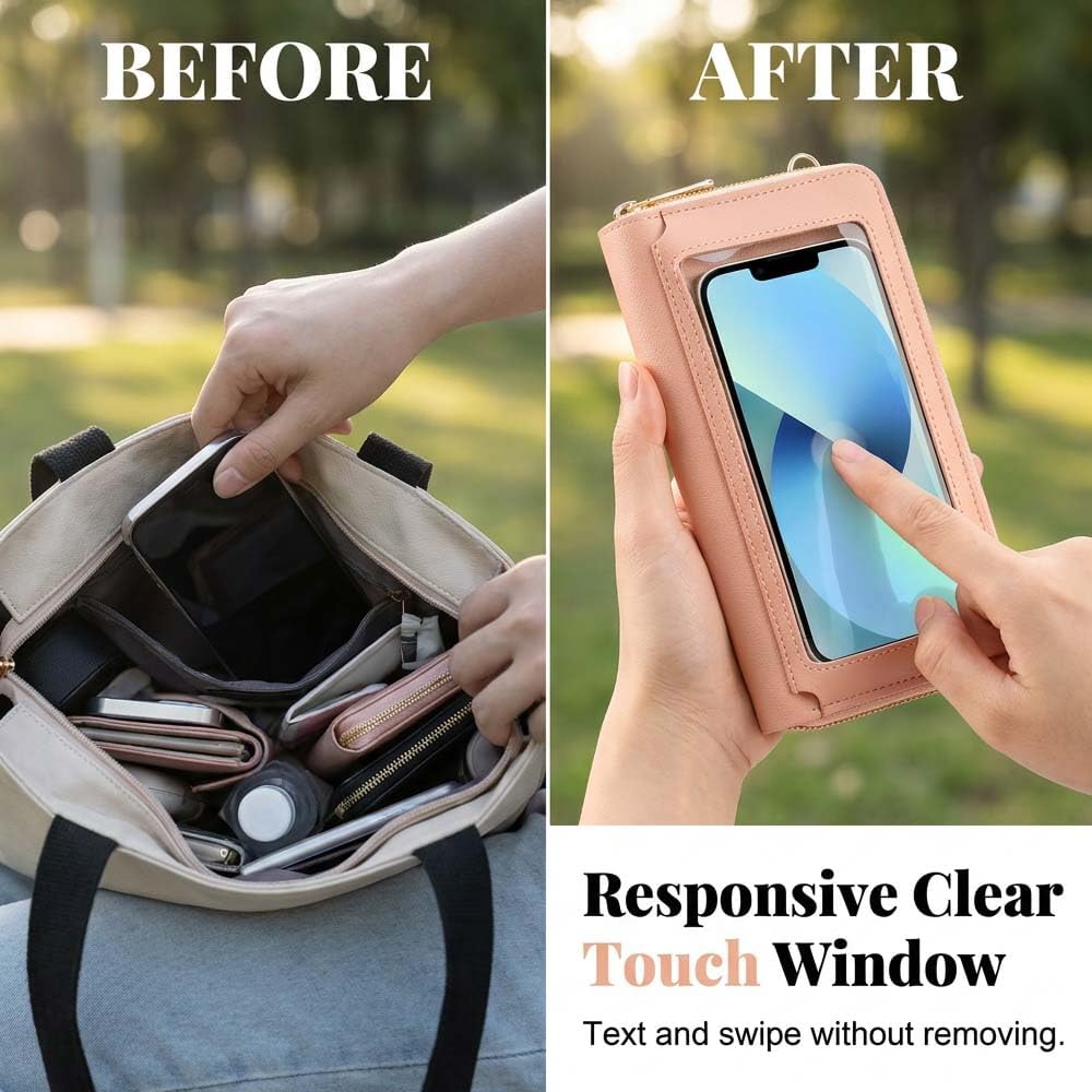 Touchscreen Phone Crossbody Bags for Women, Anti Theft Leather Bag, PU Leather Messenger Bag, RFID Blocking Phone Wallet