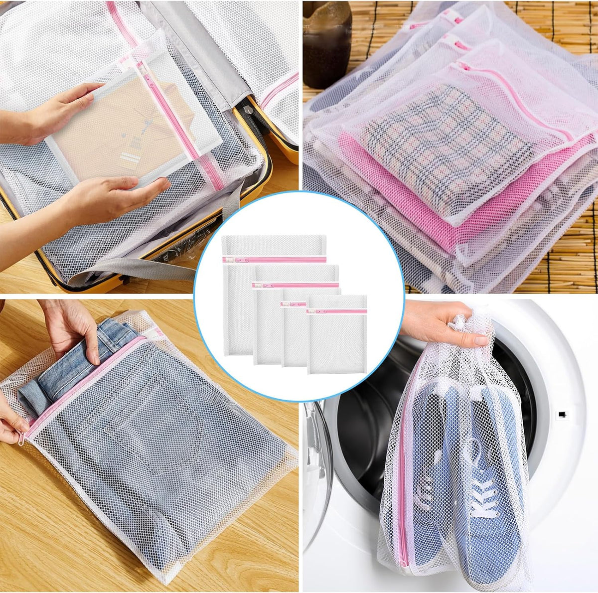 4Pcs Mesh Laundry Bags, Lingerie Bags for Washing Delicates,Mesh Wash Bags for Toy Storage & Cleaning, Travel Storage Organizer Bag, Dorm Room Essentials (1 Large, 1 Medium, 2 Small) (Fine Net)