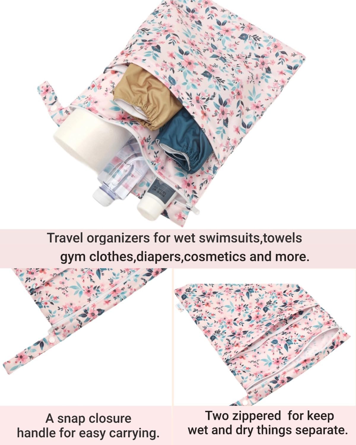 Wet Dry Bag Reusable Waterproof Swimming Bag Travel Beach Pool Yoga Gym Bag for Baby Cloth Diaper Swimsuits Wet Clothes Two Zipper Pockets 3 Pack 3L15