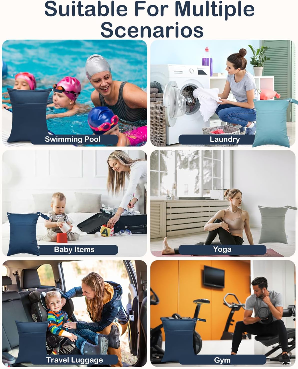 Wet Dry Bag Reusable Waterproof Swimming Bag Travel Beach Pool Yoga Gym Bag for Baby Cloth Diaper Swimsuits Wet Clothes Two Zipper Pockets 3 Pack 3L15
