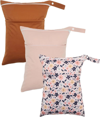 Wet Dry Bag Reusable Waterproof Swimming Bag Travel Beach Pool Yoga Gym Bag for Baby Cloth Diaper Swimsuits Wet Clothes Two Zipper Pockets 3 Pack 3L15