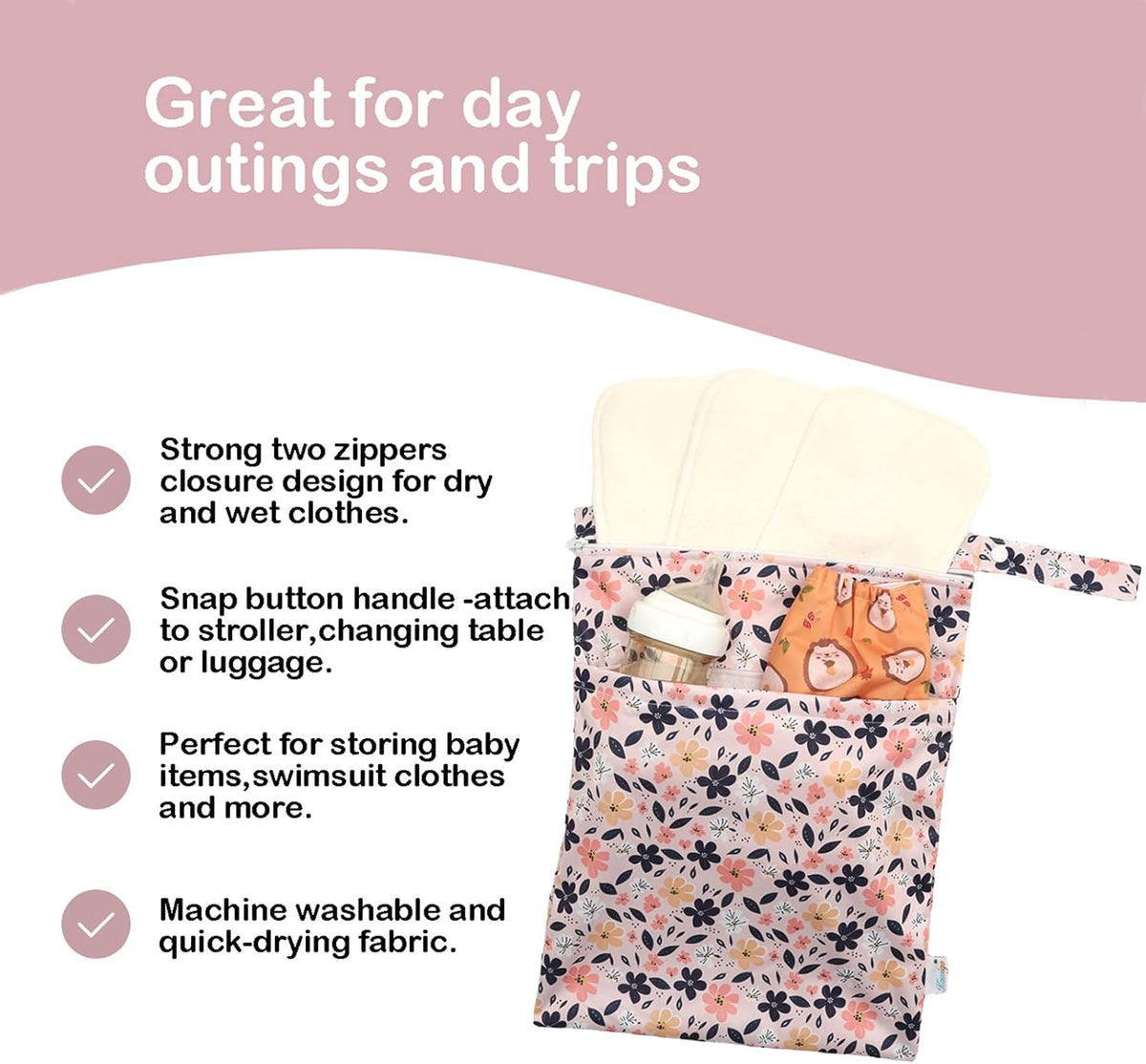 Wet Dry Bag Reusable Waterproof Swimming Bag Travel Beach Pool Yoga Gym Bag for Baby Cloth Diaper Swimsuits Wet Clothes Two Zipper Pockets 3 Pack 3L15