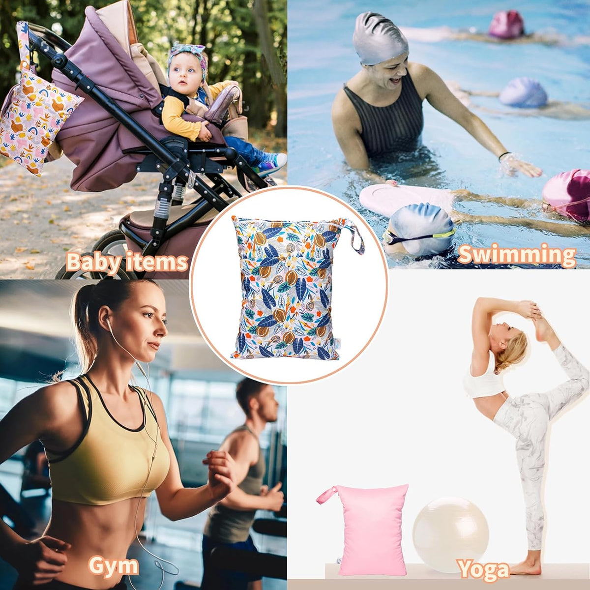 Wet Dry Bag Reusable Waterproof Swimming Bag Travel Beach Pool Yoga Gym Bag for Baby Cloth Diaper Swimsuits Wet Clothes Two Zipper Pockets 3 Pack 3L15