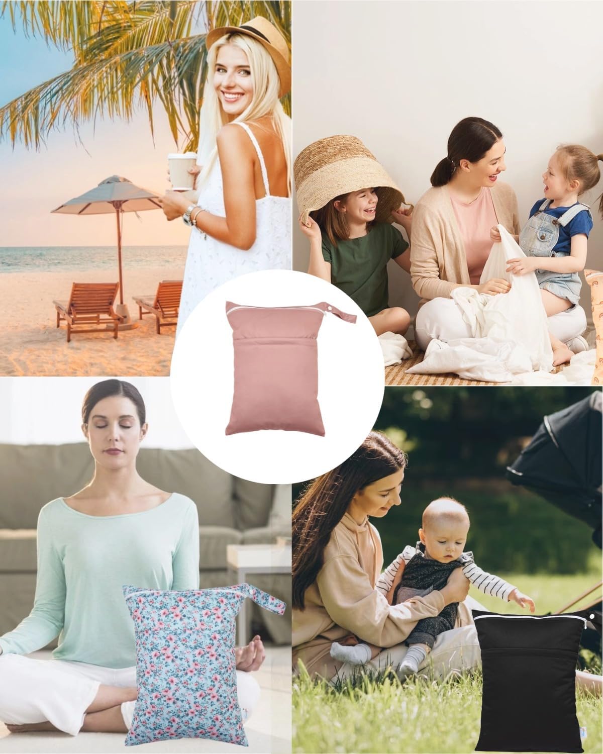 Wet Dry Bag Reusable Waterproof Swimming Bag Travel Beach Pool Yoga Gym Bag for Baby Cloth Diaper Swimsuits Wet Clothes Two Zipper Pockets 3 Pack 3L15