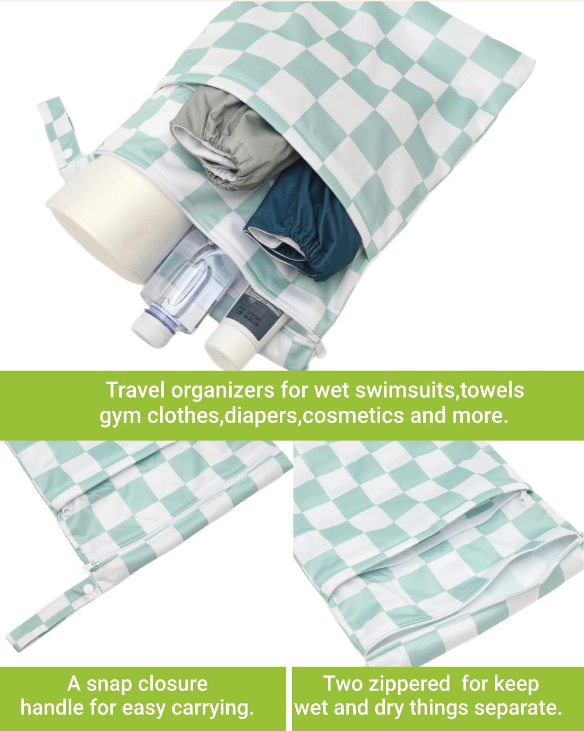 Wet Dry Bag Reusable Waterproof Swimming Bag Travel Beach Pool Yoga Gym Bag for Baby Cloth Diaper Swimsuits Wet Clothes Two Zipper Pockets 3 Pack 3L15