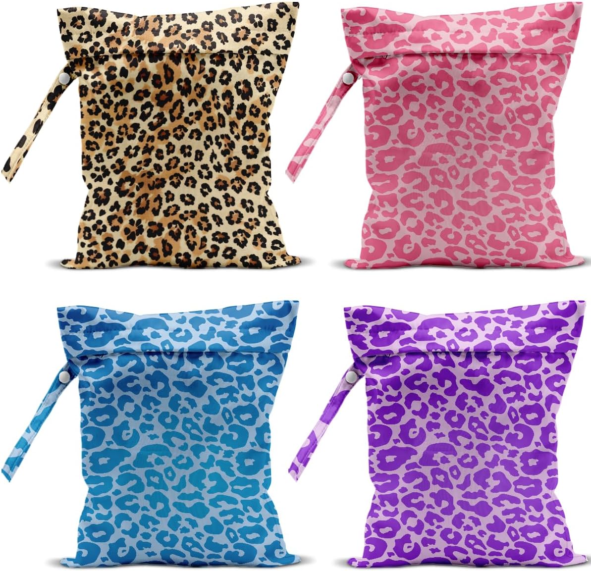 4 Pack Colorful Leopard Print Wet Bag Waterproof Washable Reusable Wet Dry Bag for Swimsuit Dirty Clothes Diaper Travel Beach Pool Yoga Gym Travel Birthday Party Camping Toiletries Beach Essentials