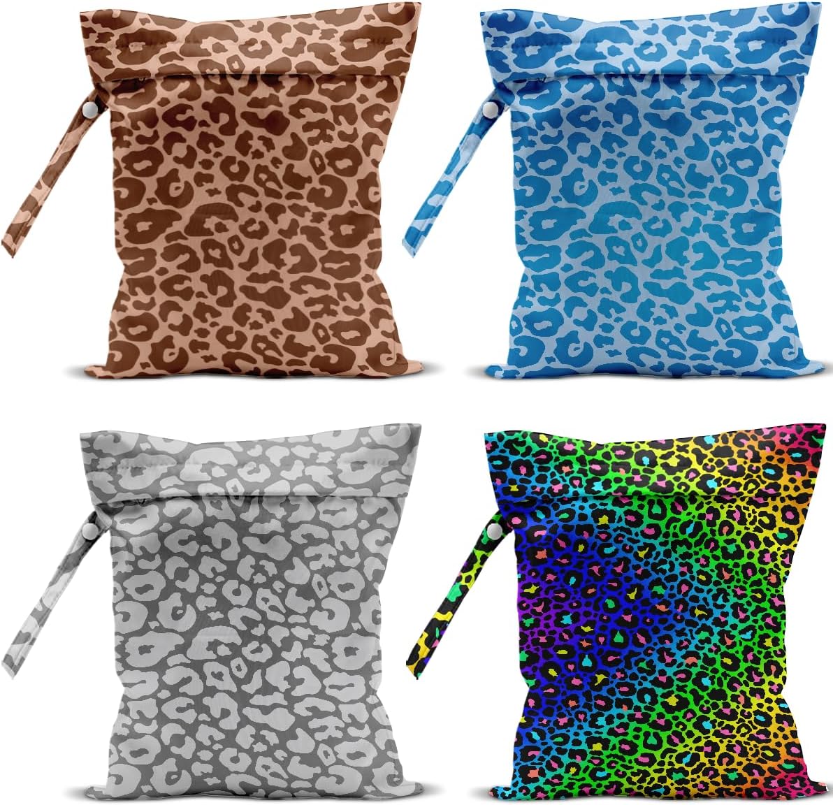4 Pack Colorful Leopard Print Wet Bag Waterproof Washable Reusable Wet Dry Bag for Swimsuit Dirty Clothes Diaper Travel Beach Pool Yoga Gym Travel Birthday Party Camping Toiletries Beach Essentials