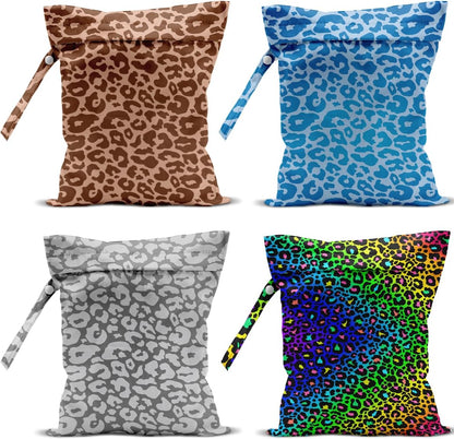 4 Pack Colorful Leopard Print Wet Bag Waterproof Washable Reusable Wet Dry Bag for Swimsuit Dirty Clothes Diaper Travel Beach Pool Yoga Gym Travel Birthday Party Camping Toiletries Beach Essentials