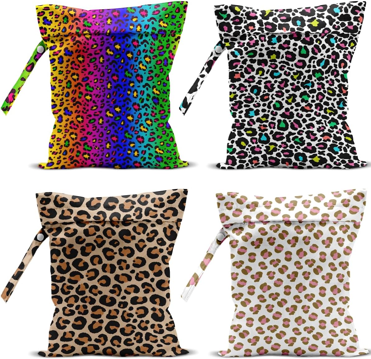 4 Pack Colorful Leopard Print Wet Bag Waterproof Washable Reusable Wet Dry Bag for Swimsuit Dirty Clothes Diaper Travel Beach Pool Yoga Gym Travel Birthday Party Camping Toiletries Beach Essentials