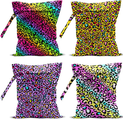4 Pack Colorful Leopard Print Wet Bag Waterproof Washable Reusable Wet Dry Bag for Swimsuit Dirty Clothes Diaper Travel Beach Pool Yoga Gym Travel Birthday Party Camping Toiletries Beach Essentials