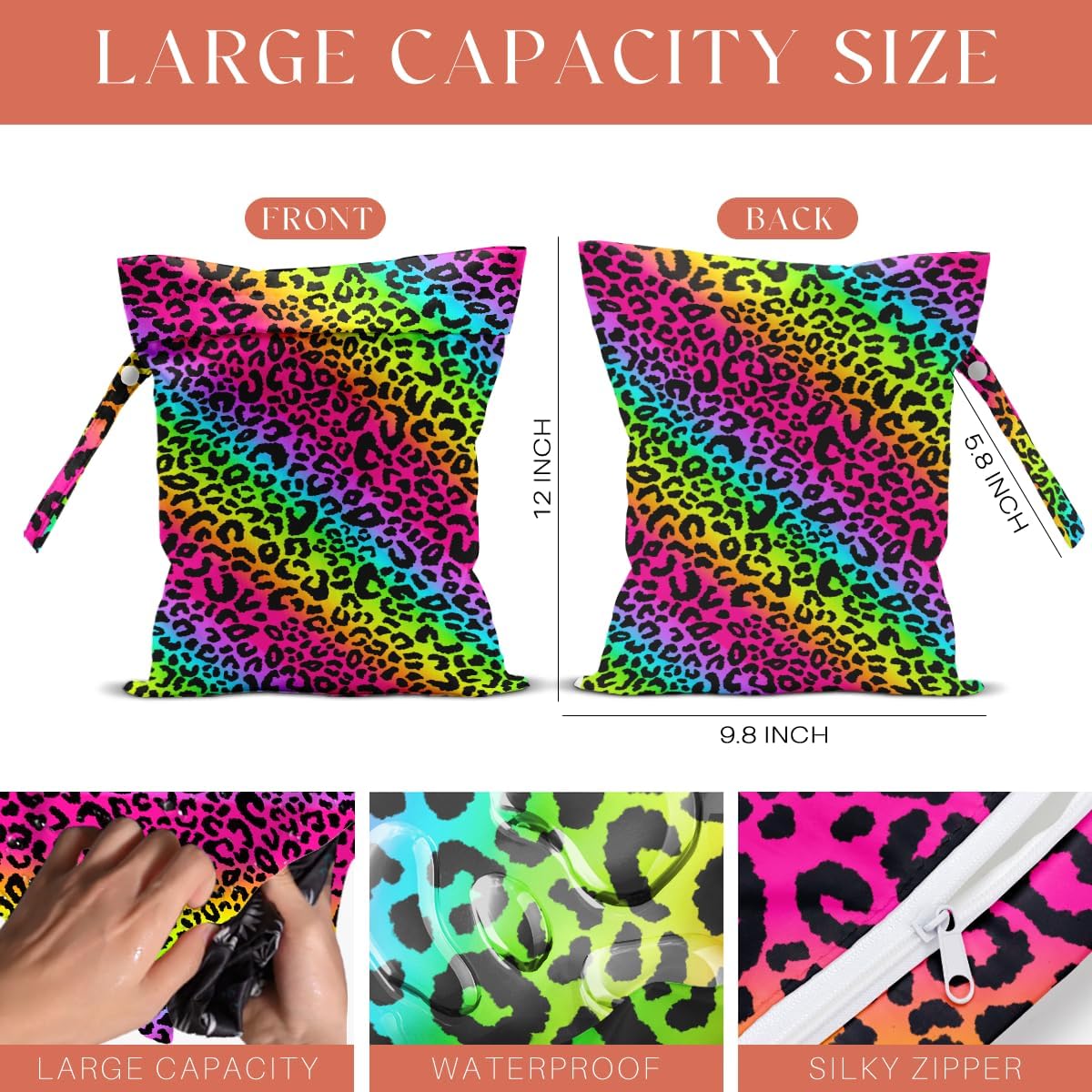 4 Pack Colorful Leopard Print Wet Bag Waterproof Washable Reusable Wet Dry Bag for Swimsuit Dirty Clothes Diaper Travel Beach Pool Yoga Gym Travel Birthday Party Camping Toiletries Beach Essentials