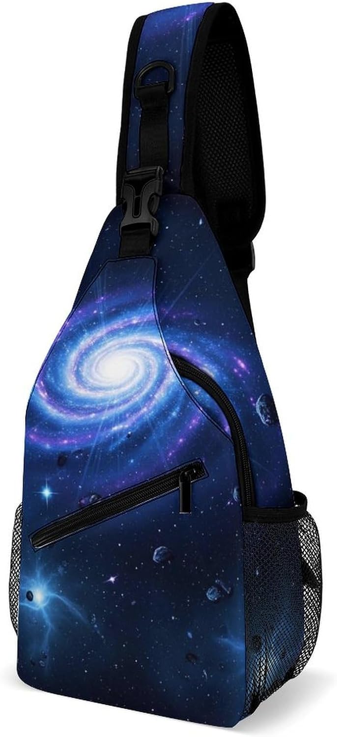 Men Women Sling Backpack Outdoor Sport Daypack Travel Bag, Multipurpose Anti-Theft Carry On Bag, Breathable Chest Sling Shoulder Backpacks Bags, Blue Galaxy