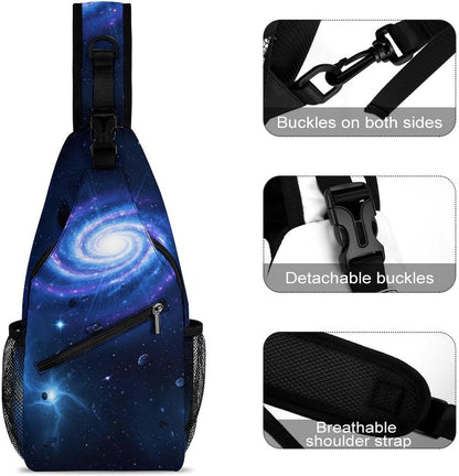 Men Women Sling Backpack Outdoor Sport Daypack Travel Bag, Multipurpose Anti-Theft Carry On Bag, Breathable Chest Sling Shoulder Backpacks Bags, Blue Galaxy