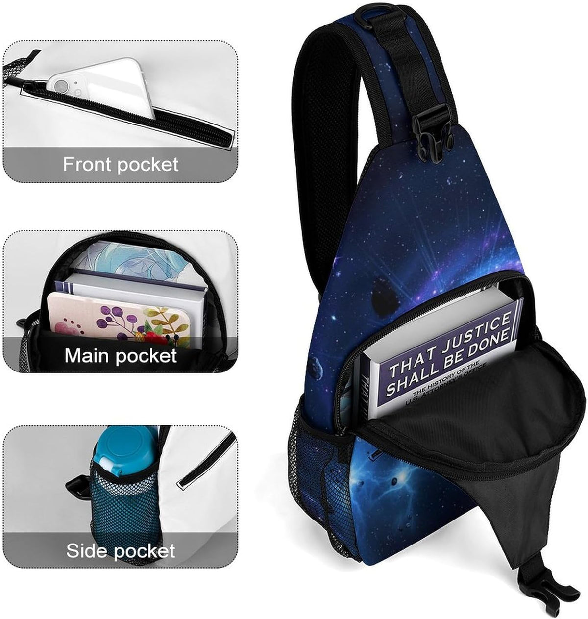 Men Women Sling Backpack Outdoor Sport Daypack Travel Bag, Multipurpose Anti-Theft Carry On Bag, Breathable Chest Sling Shoulder Backpacks Bags, Blue Galaxy