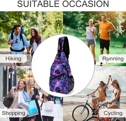 Men Women Sling Backpack Outdoor Sport Daypack Travel Bag, Multipurpose Anti-Theft Carry On Bag, Breathable Chest Sling Shoulder Backpacks Bags, Blue Galaxy