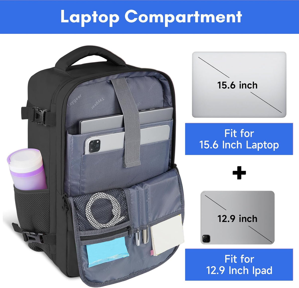 Backpack for Women, Carry on Backpack with Laptop Compartment | Travel Laptop Mochila Carry On Luggage with Shoe Pouch, Airline Approved Personal Item Bag For Weekender Hiking, Black Khaki