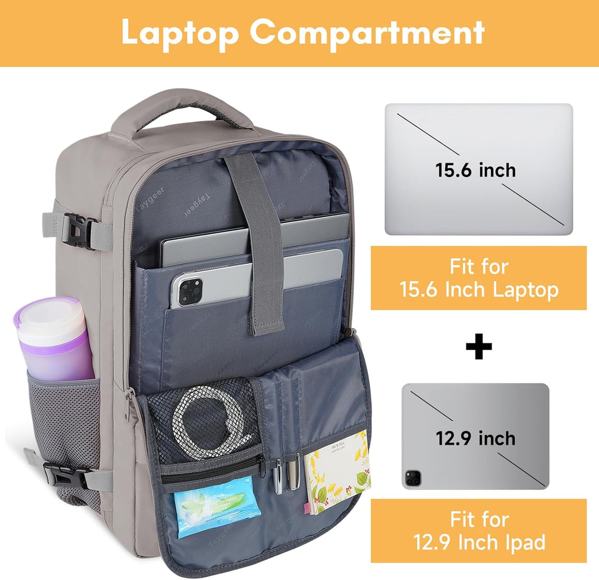 Backpack for Women, Carry on Backpack with Laptop Compartment | Travel Laptop Mochila Carry On Luggage with Shoe Pouch, Airline Approved Personal Item Bag For Weekender Hiking, Black Khaki